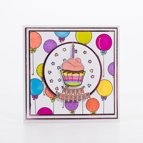 Learn how to create this fun and colourful balloon and cupcake birthday card using card-making products from Chloes Creative Cards Box Kit 10.