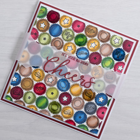 Say 'Cheers' with this beer bottle top print birthday card using our vellum sheets and new beer bottle stamps from Chloes Creative Cards