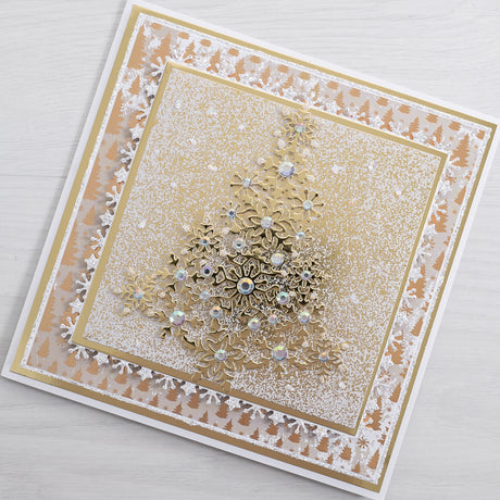 Create a beautiful gold mirror snowflake Christmas tree card using the new Snowflake Tree Metal Die Stamp from Chloes Creative Cards.