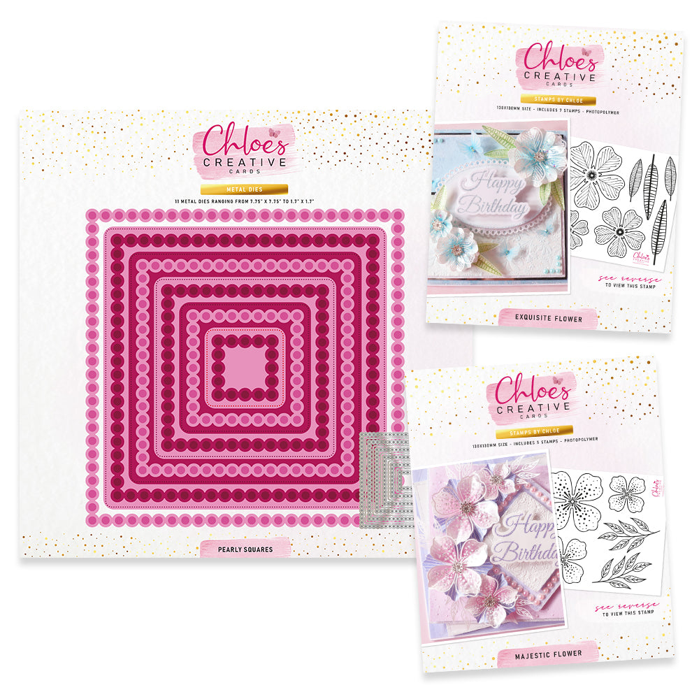 Chloe's Creative Cards Pearly Squares Dies and Flower Stamps Bundle