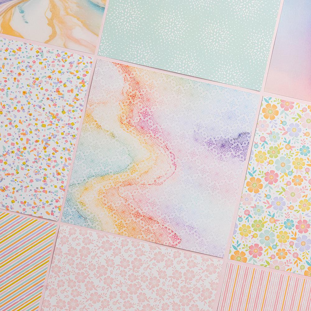 Bloc de papier imprimé de créateur Chloe's Creative Cards (8x8) - Délice arc-en-ciel pastel
