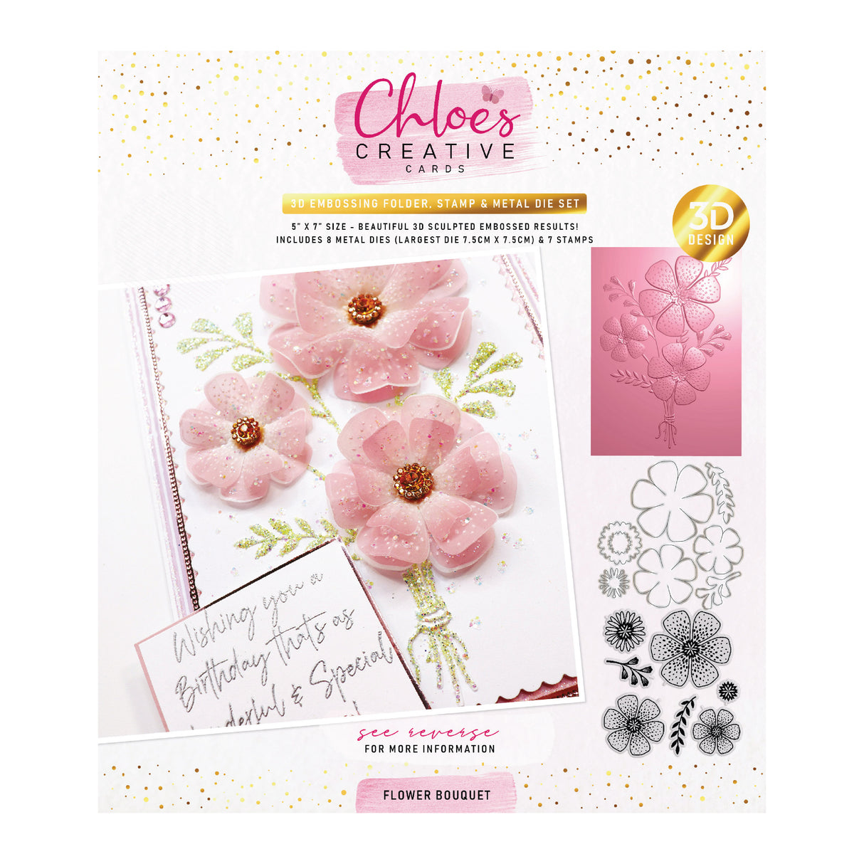 Chloe's Creative Cards 3D-Prägefolder, Stempel und Metall-Stanzset, 5 x 7 Zoll, Blumenstrauß