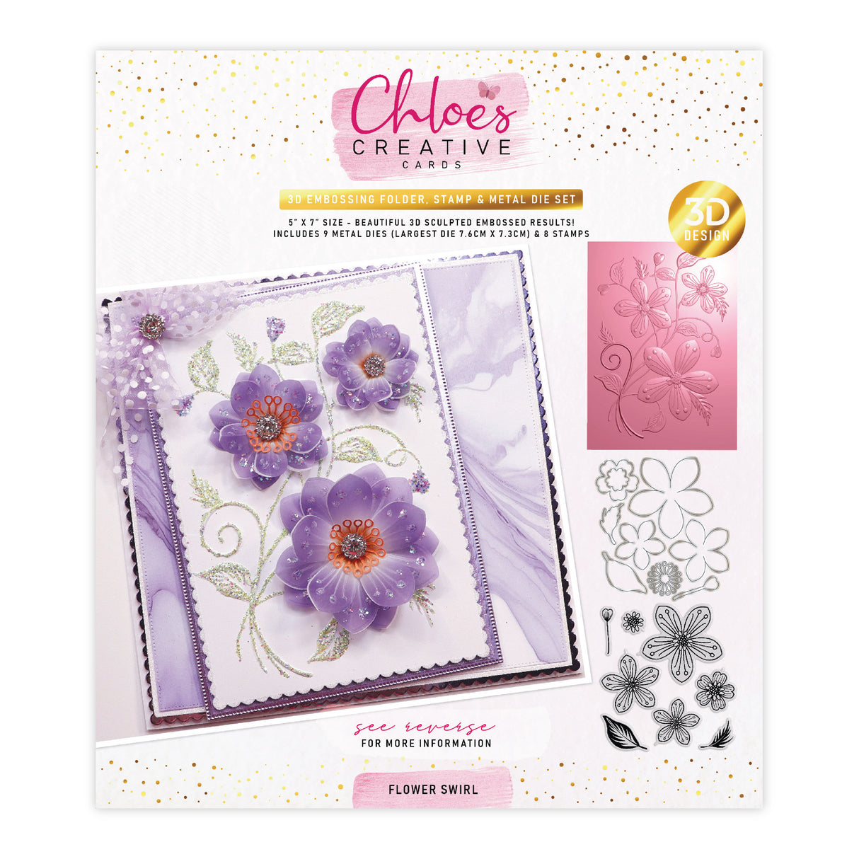 Chloe's Creative Cards 3D-Prägefolder, Stempel und Metall-Stanzset, 5 x 7 Zoll, Blumenwirbel