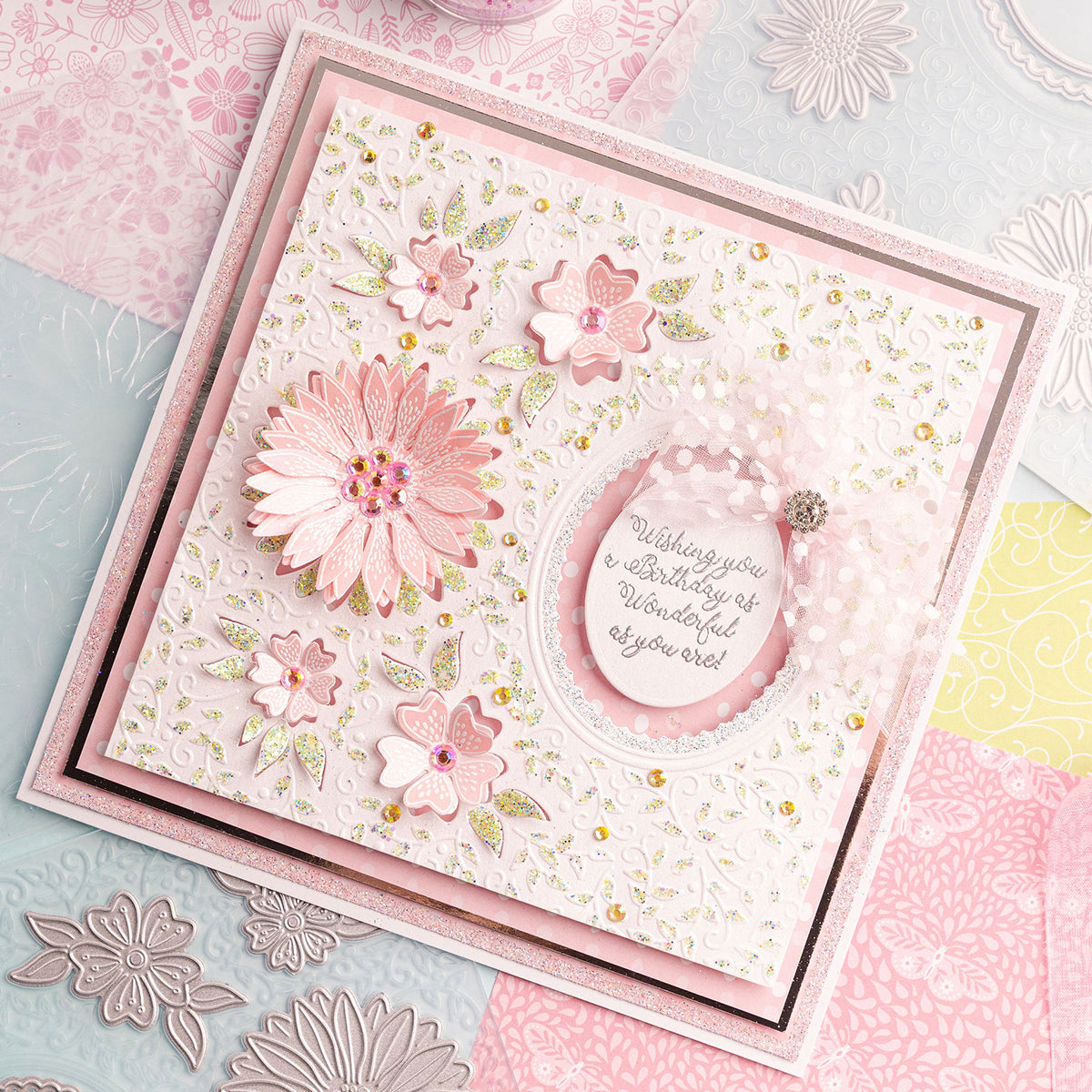 Decorative card with pink flowers and text on a floral background
