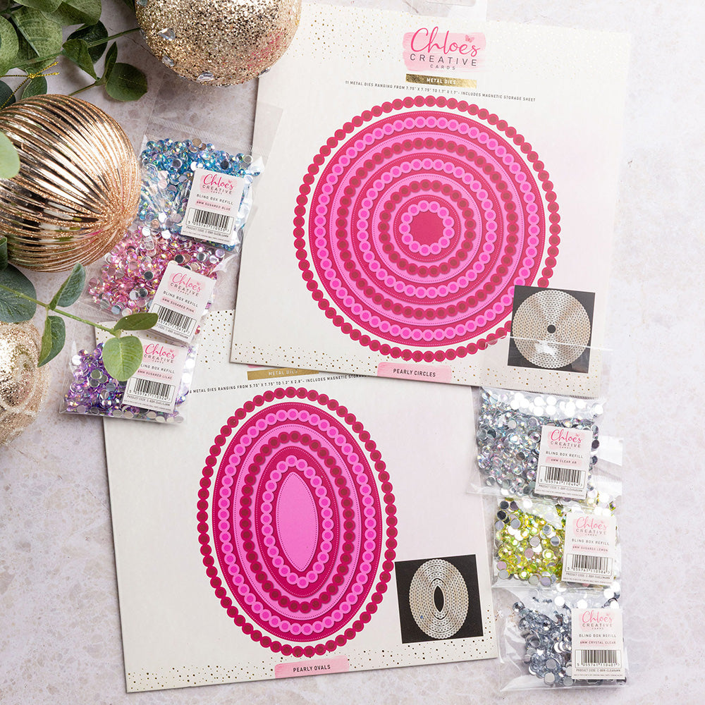 Chloe's Creative Cards 8x8 Pearly Ovals & Circles 8x8 Metal Die Set and Jewel Bundle