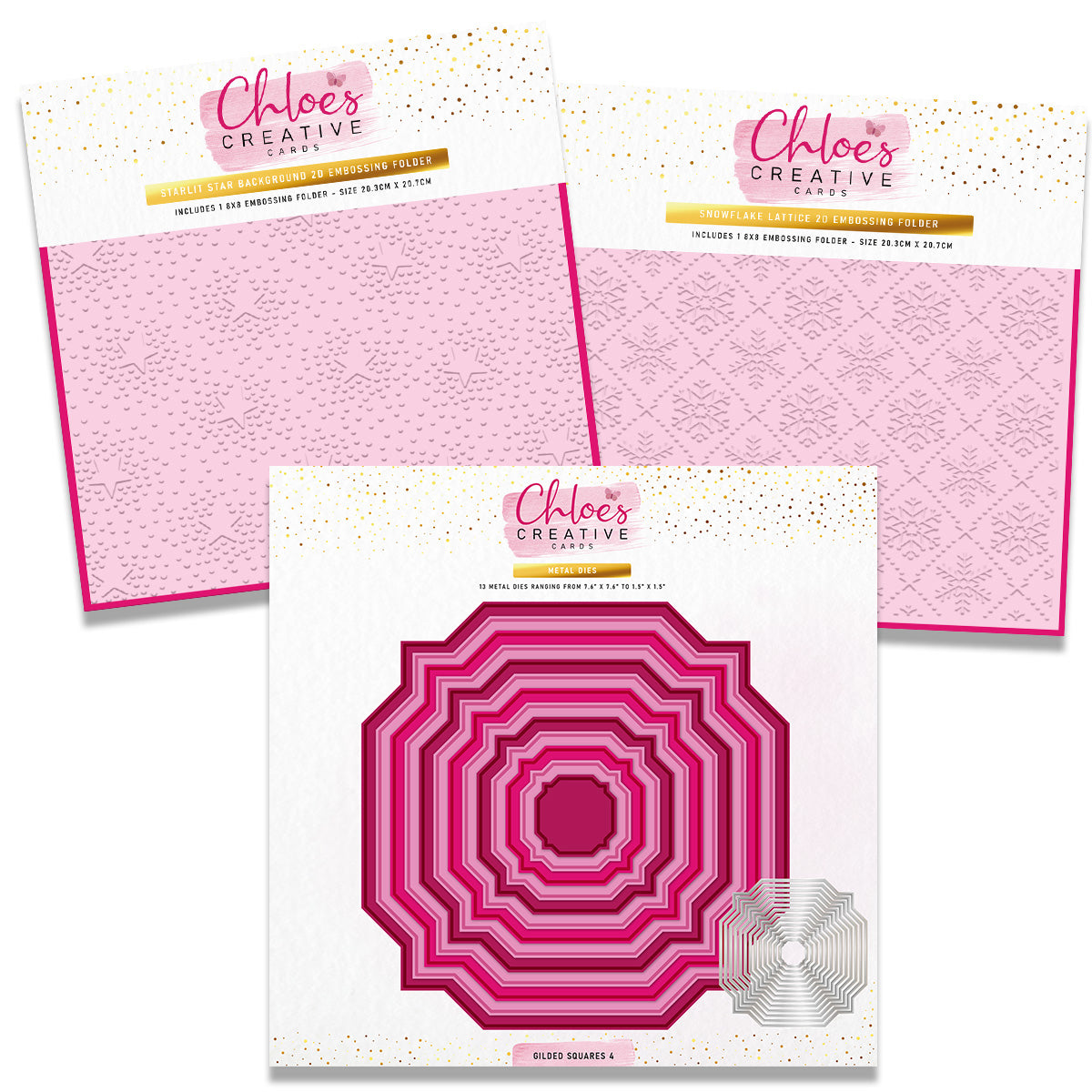 Chloe's Creative Cards 8x8 Starlit Christmas Embossing Folders and Metal Die Set Bundle